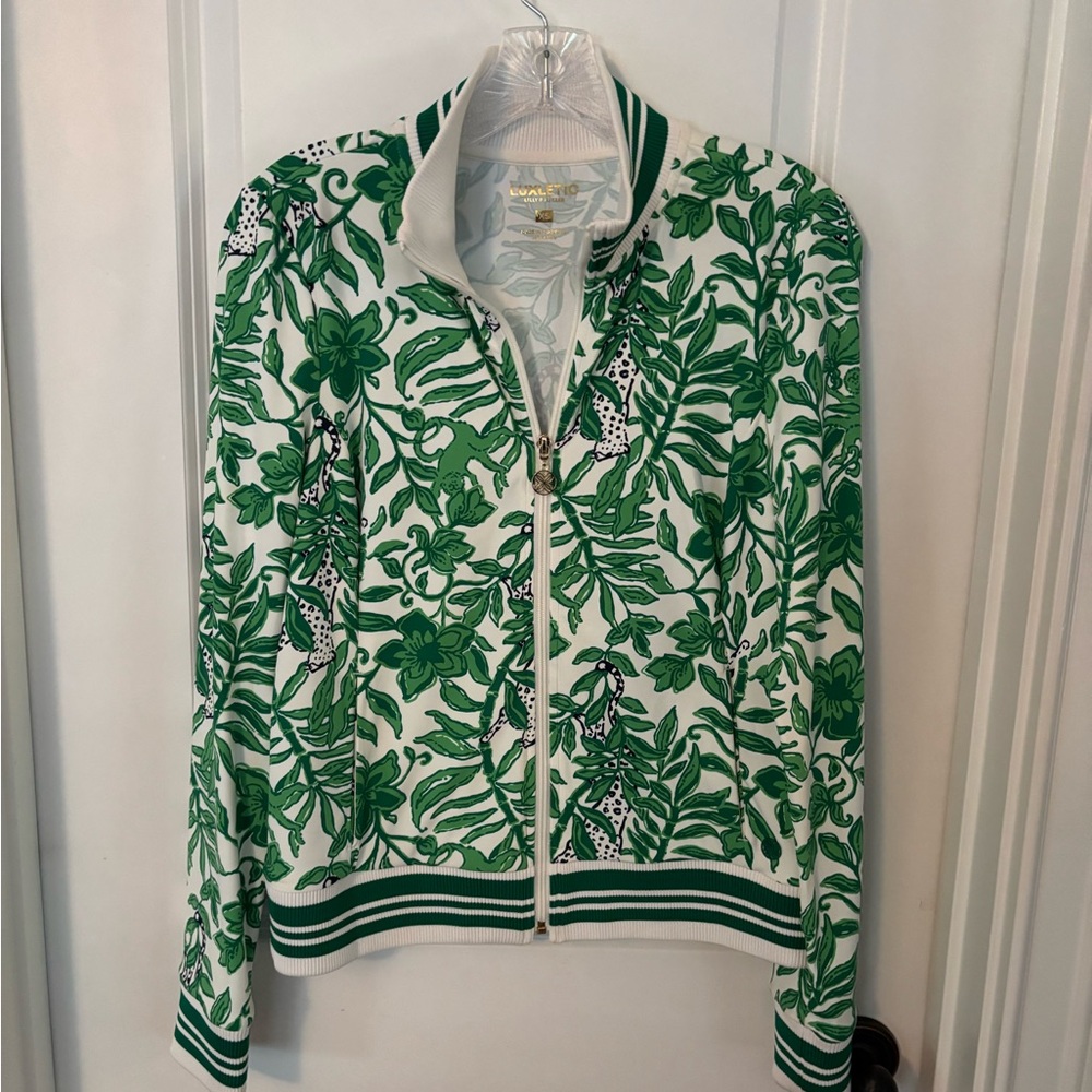 Lilly Pulitzer White & Green Tropical Leaf Zip Bomber Jacket